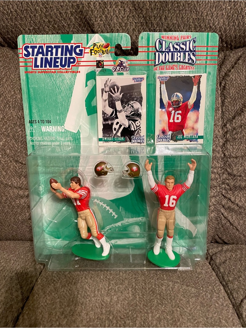 1997 Starting Lineup Classic Doubles set featuring Joe Montana and Dwight Clark.